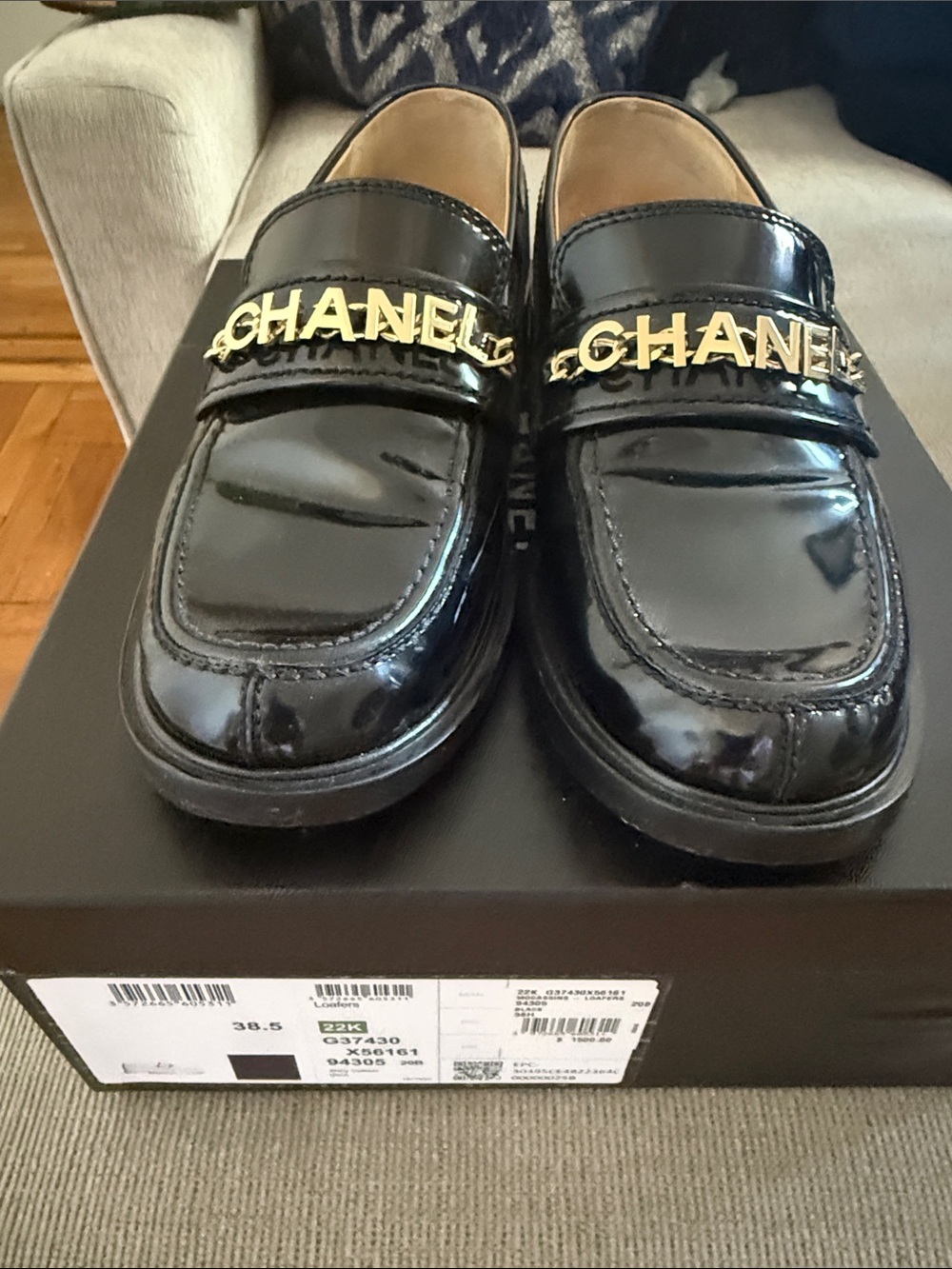 CHANEL Black Patent Leather Loafers with Gold CHANEL Hardware